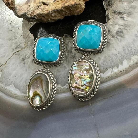 Carolyn Pollack Sterling Square Turquoise & Oval Abalone/Quartz Post Earrings - Picture 5 of 10